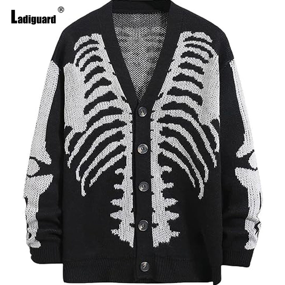 Men'S Fashion V Neck Sweater - Laidguard-سترة رجالية محبوكة بطباعة جمجمة ،