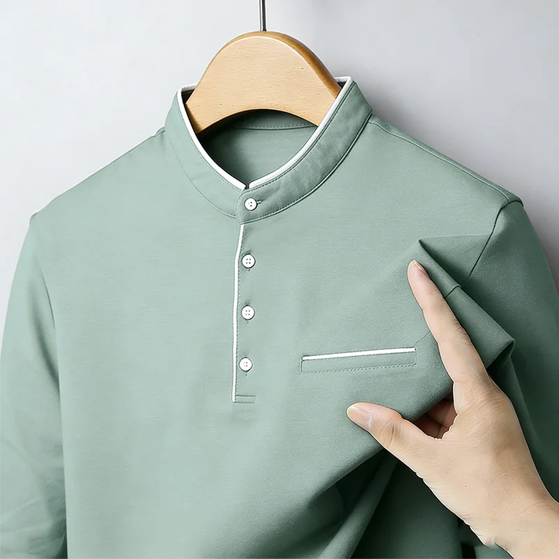 Men'S Tops Fashion - قميص رجالي بياقة ماندارين وأكمام طويلة،