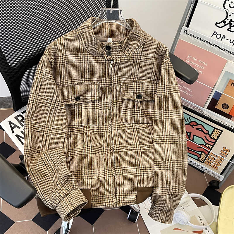 Harrington Jacket - سترة نسائية بنية منقوشة للخريف معطف